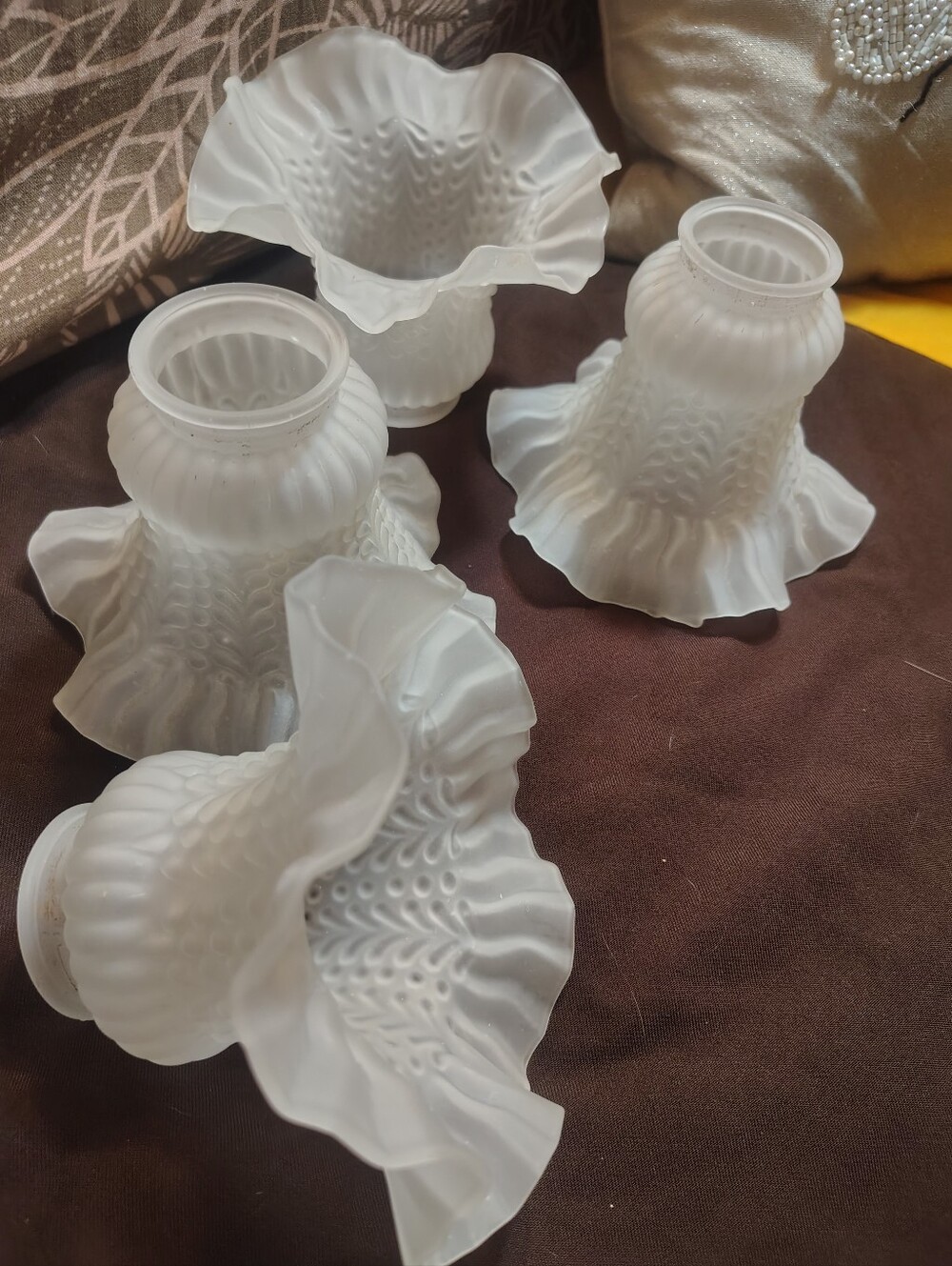 Lovely Vintage Frosted Satin Glass Light Shades Set of 4 Ruffled Rim 2.25 Fitter